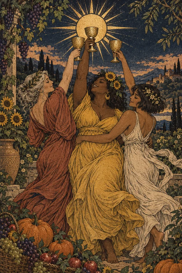 Three of Cups tarot card, from A Little Witchy's painted deck