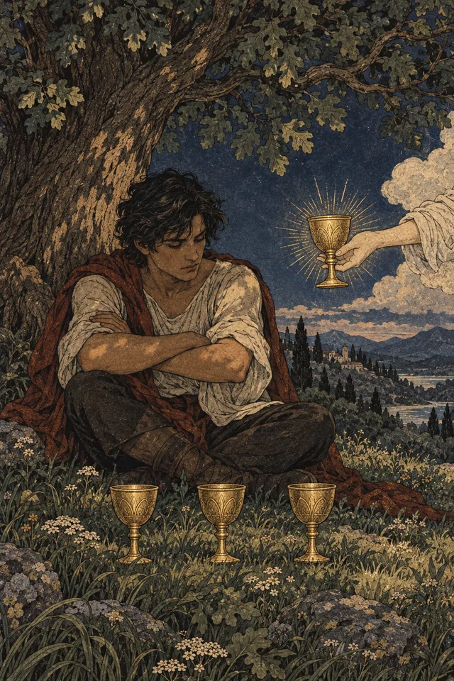 Four of Cups tarot card, from A Little Witchy's painted deck