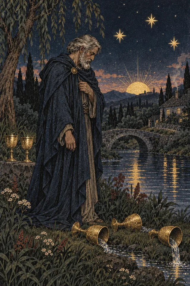 Five of Cups tarot card, from A Little Witchy's painted deck