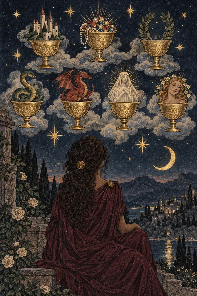 Seven of Cups tarot card, from A Little Witchy's painted deck