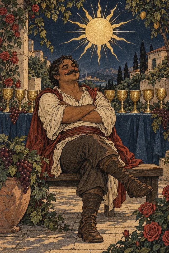 Nine of Cups tarot card, from A Little Witchy's painted deck