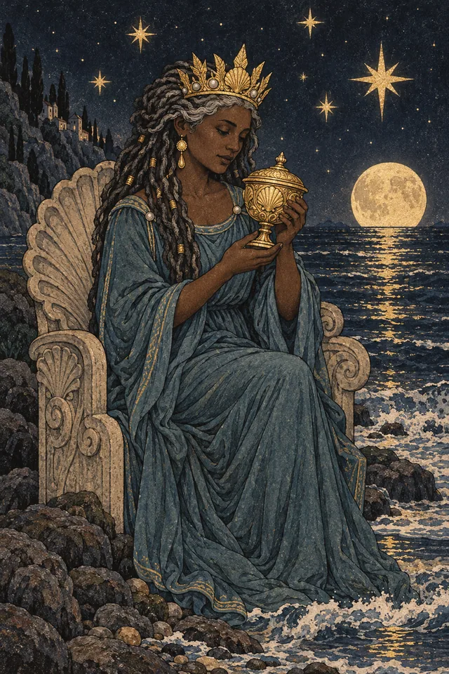 Queen of Cups tarot card, from A Little Witchy's painted deck