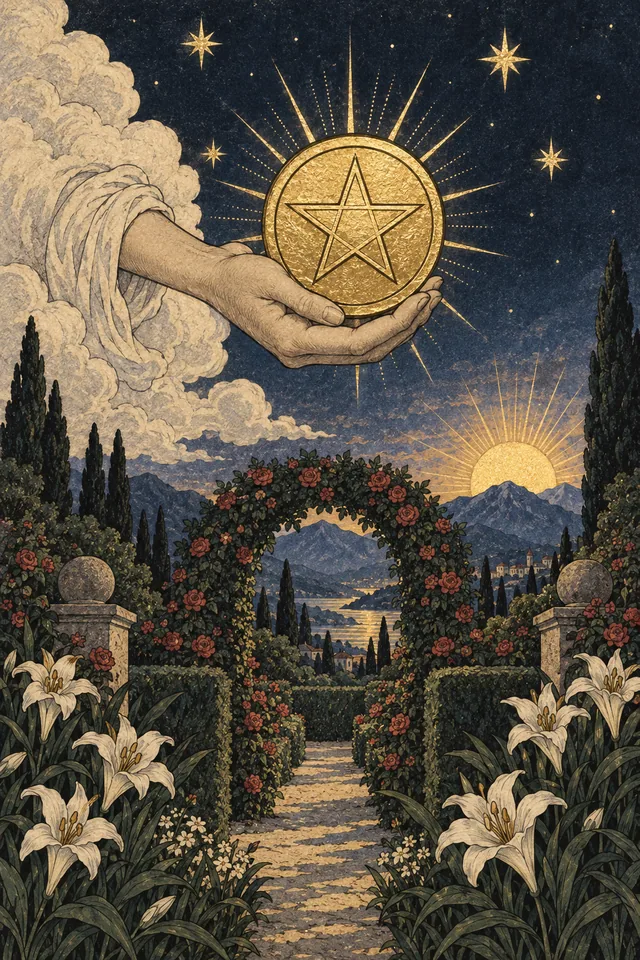 Ace of Pentacles tarot card, from A Little Witchy's painted deck