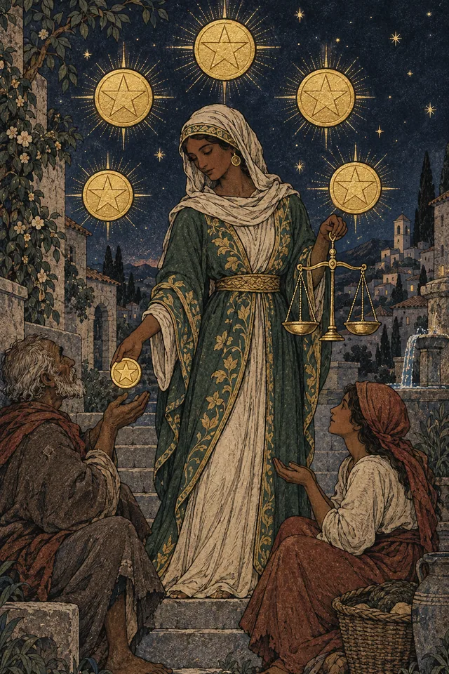 Six of Pentacles tarot card, from A Little Witchy's painted deck