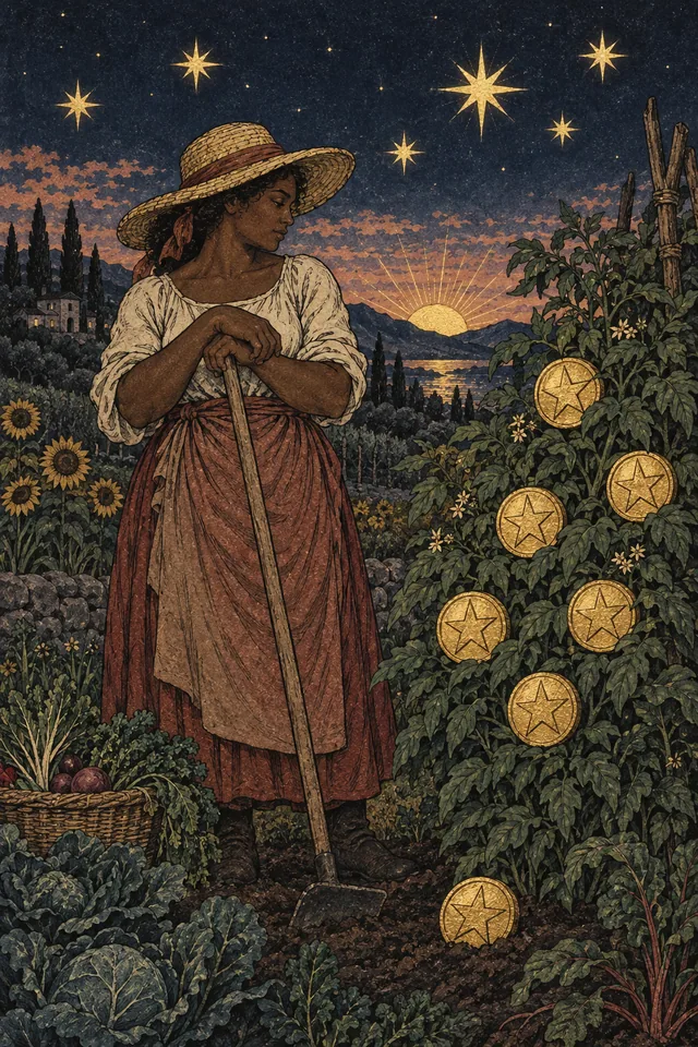 Seven of Pentacles tarot card, from A Little Witchy's painted deck