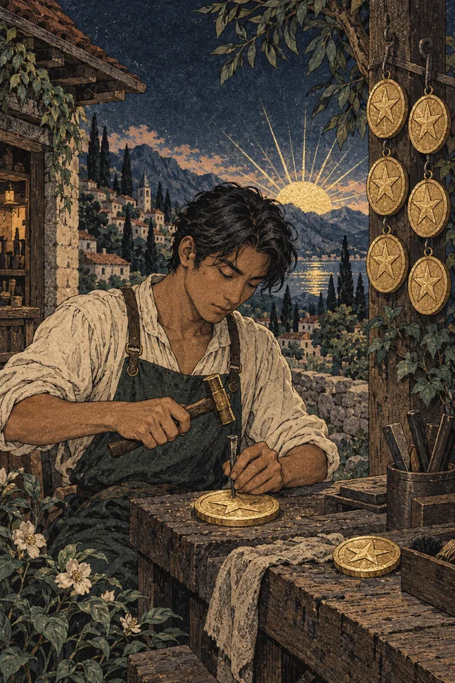 Eight of Pentacles tarot card, from A Little Witchy's painted deck