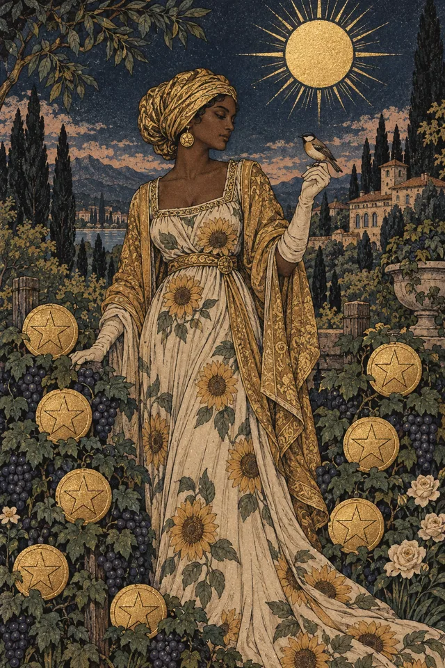 Nine of Pentacles tarot card, from A Little Witchy's painted deck