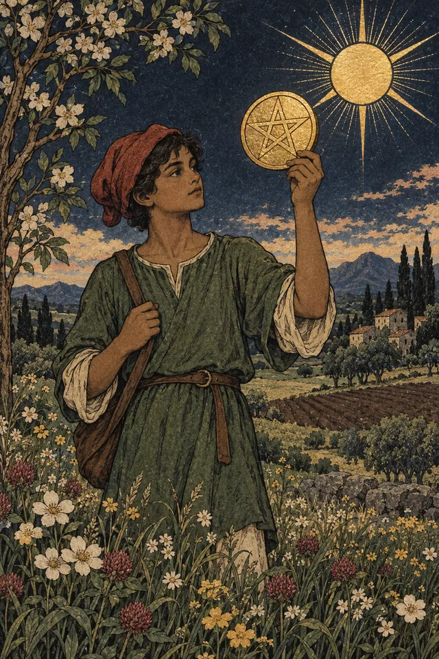 Page of Pentacles tarot card, from A Little Witchy's painted deck