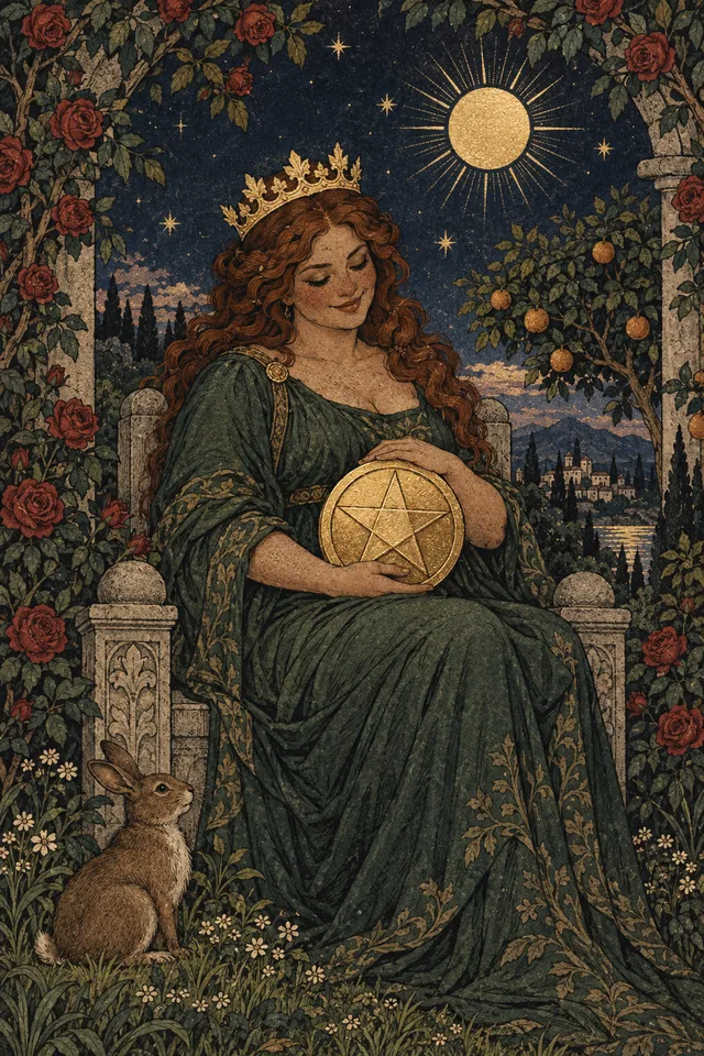 Queen of Pentacles tarot card, from A Little Witchy's painted deck