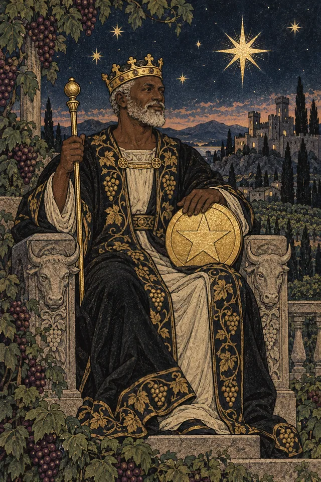 King of Pentacles tarot card, from A Little Witchy's painted deck