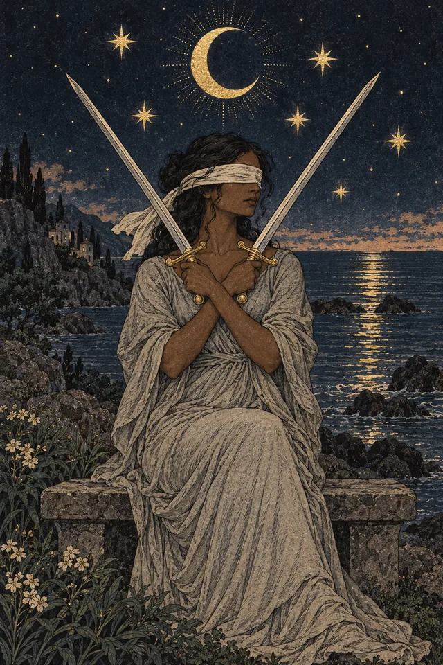 Two of Swords tarot card, from A Little Witchy's painted deck