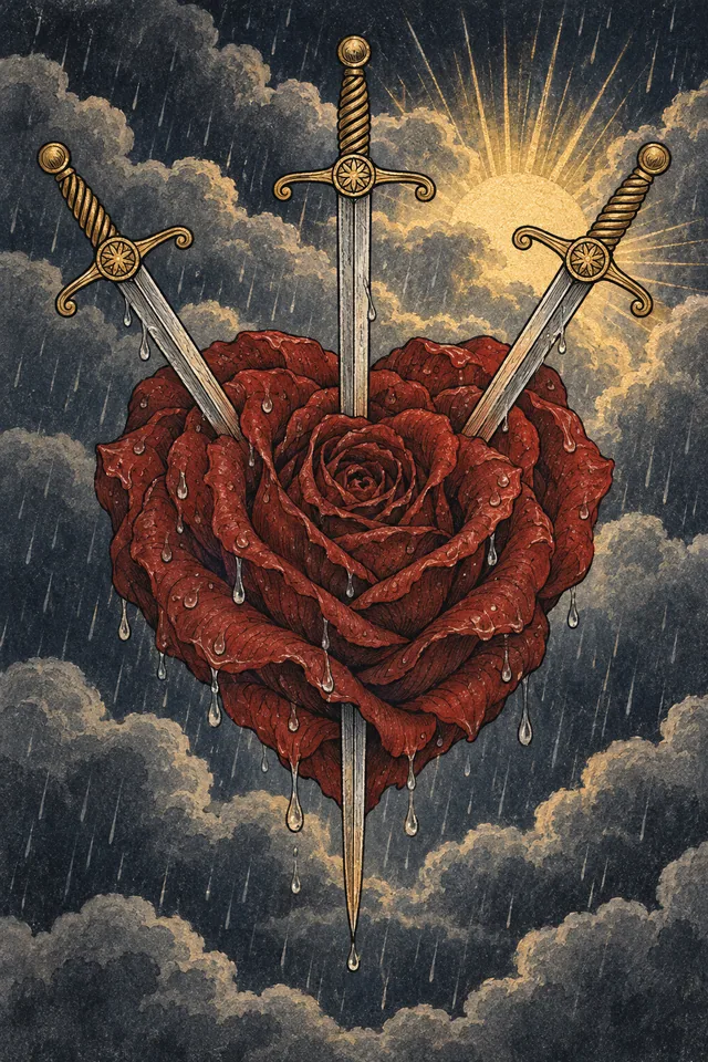 Three of Swords tarot card, from A Little Witchy's painted deck