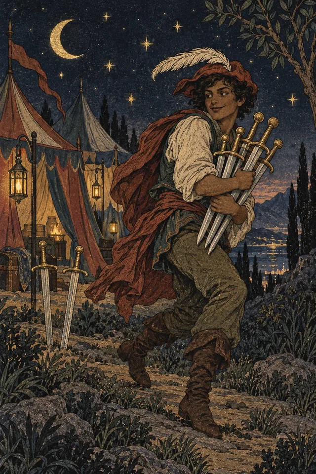 Seven of Swords tarot card, from A Little Witchy's painted deck