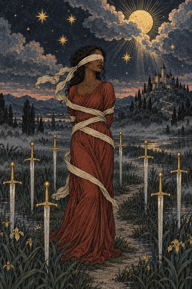 Eight of Swords tarot card, from A Little Witchy's painted deck