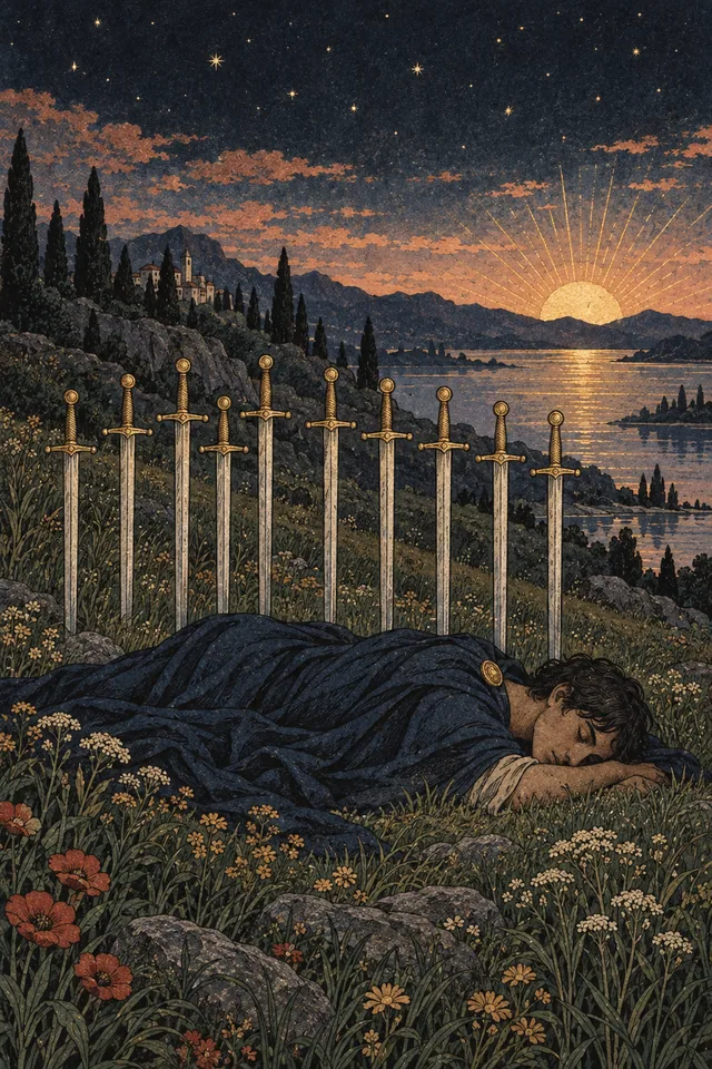 Ten of Swords tarot card, from A Little Witchy's painted deck