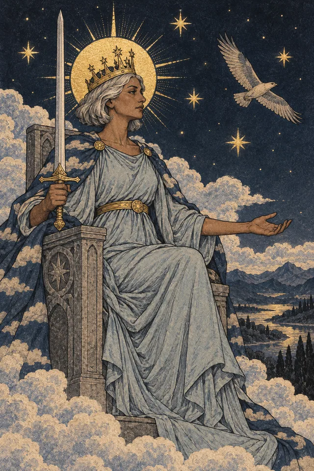 Queen of Swords tarot card, from A Little Witchy's painted deck