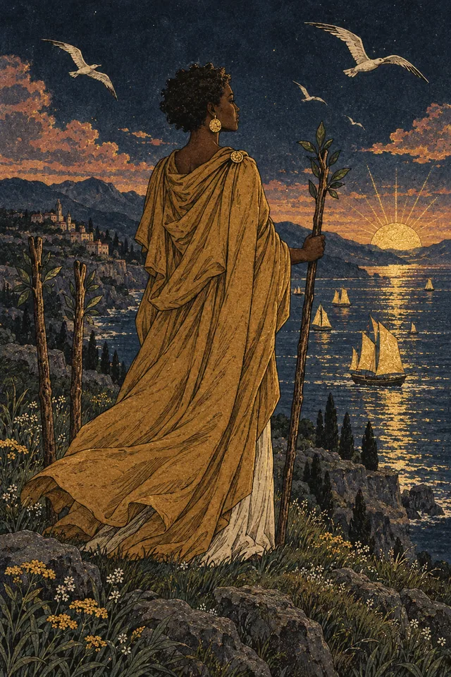 Three of Wands tarot card, from A Little Witchy's painted deck