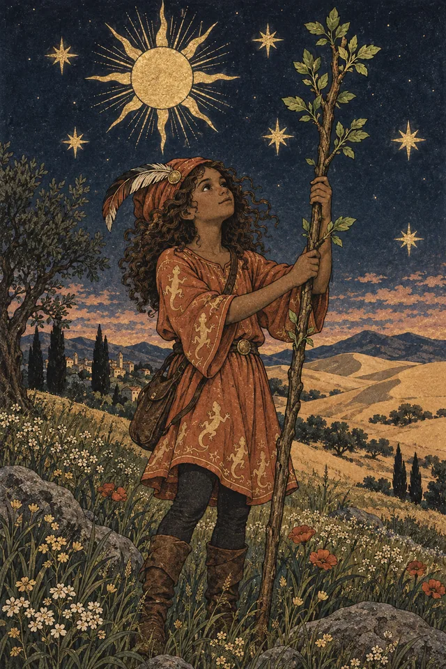 Page of Wands tarot card, from A Little Witchy's painted deck