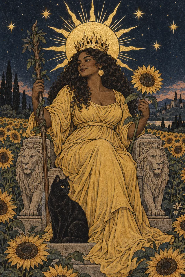 Queen of Wands tarot card, from A Little Witchy's painted deck